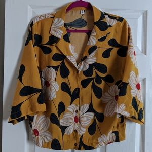 Retro Yellow Floral Wide Sleeve Button Down/Size S